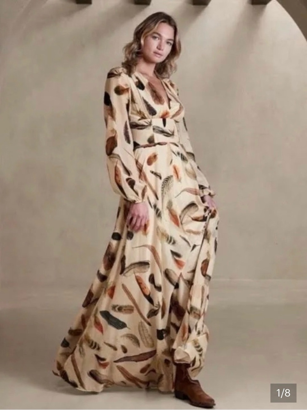 Banana Republic Marta Maxi Dress in Cream Feather Print sz 14